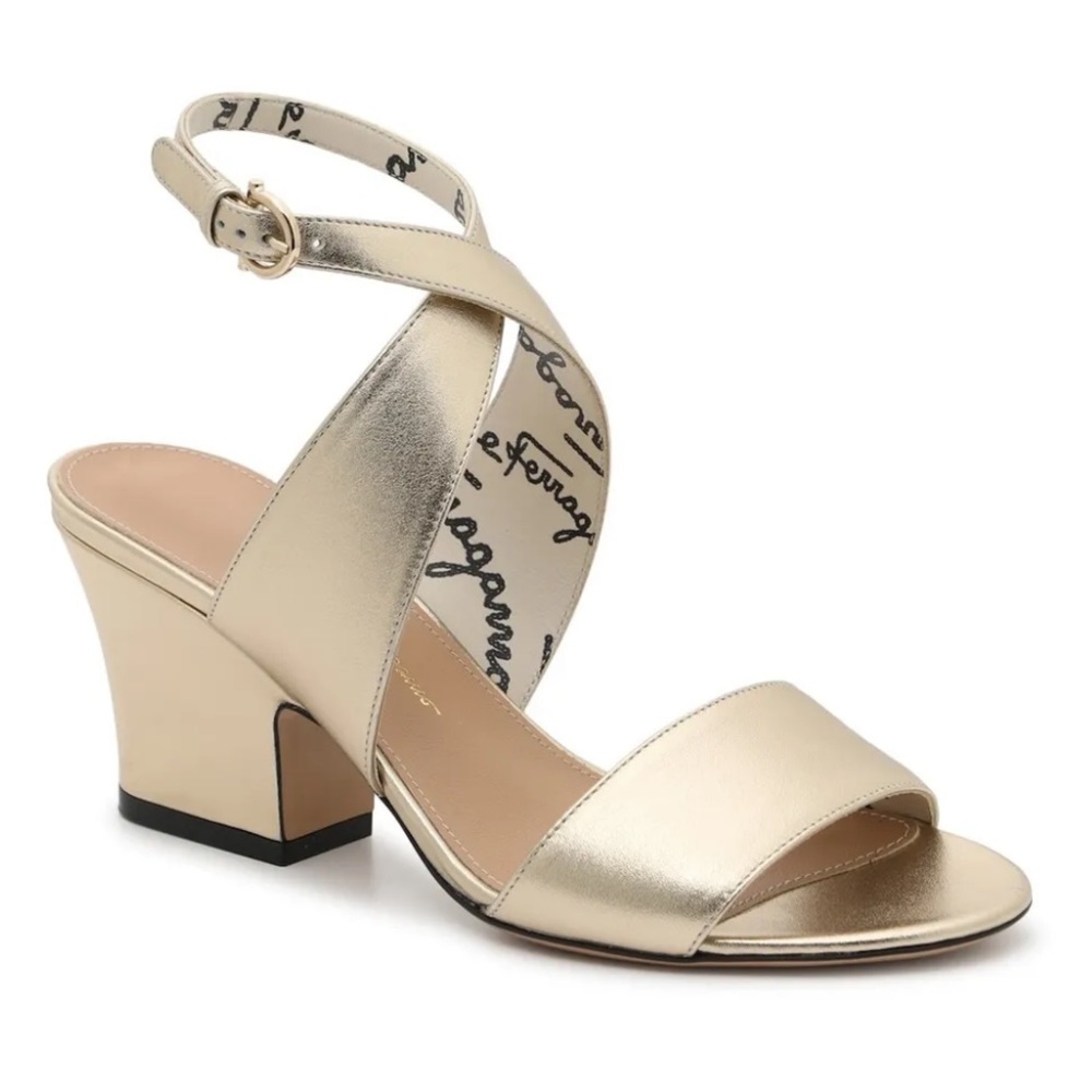 SALVATORE FERRAGAMO SHEENA METALLIC GOLD LEATHER ANKLE STRAP SANDALS SIZE US 6